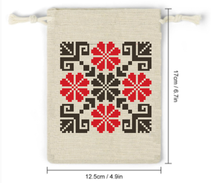 Tatreez Print Design Small Cotton Linen Henna Drawstring Bags (8 Pcs)