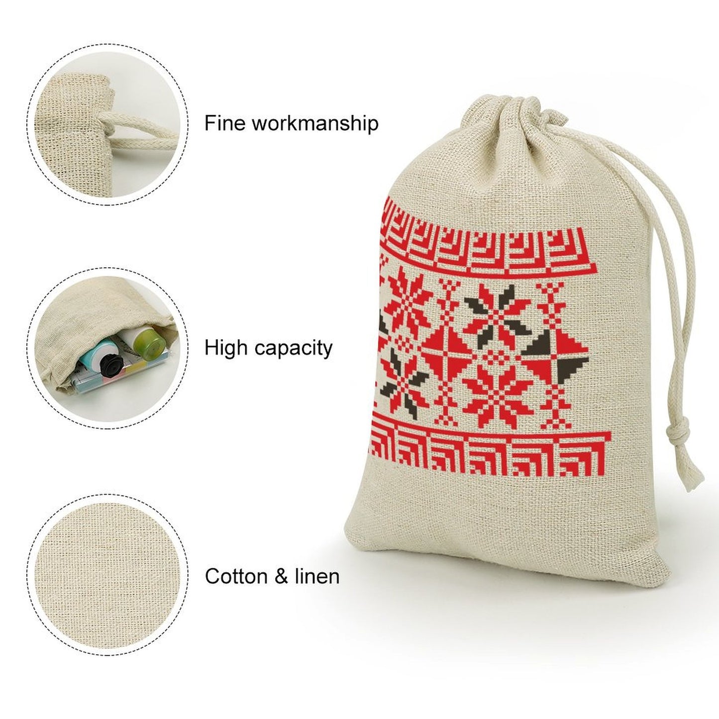 Tatreez Print Design Small Cotton Linen Henna Drawstring Bags (8 Pcs)