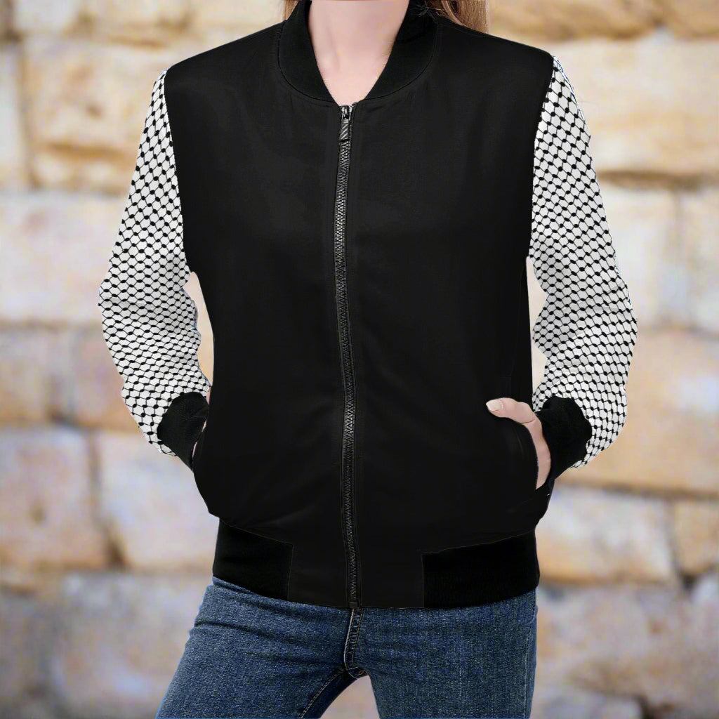 Women's Bomber Jacket in Black, Chic Kufiyeh Sleeve Pattern, Unique Gift for Her