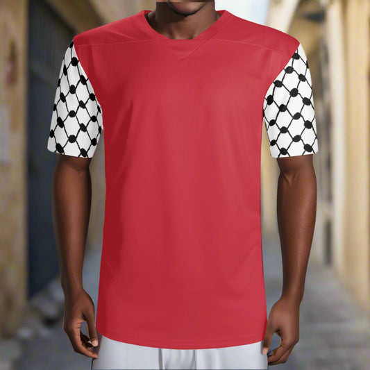 Palestinian Keffiyeh Sleeves Mens All Over Print Football Rugby Jersey, Red