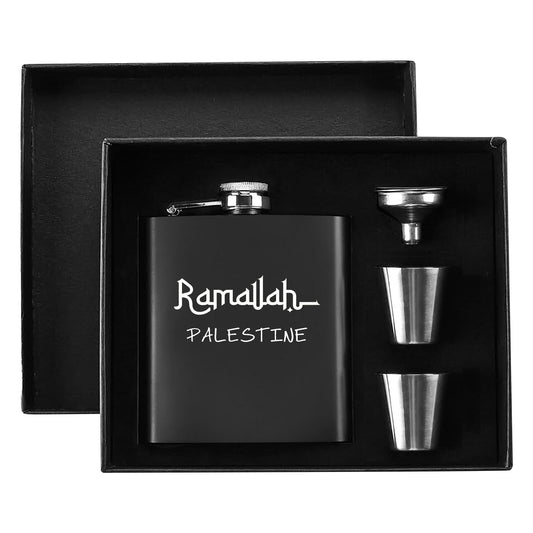 Ramallah Palestine 7oz Black Stainless Steel Hip Flask Set with Gift Box