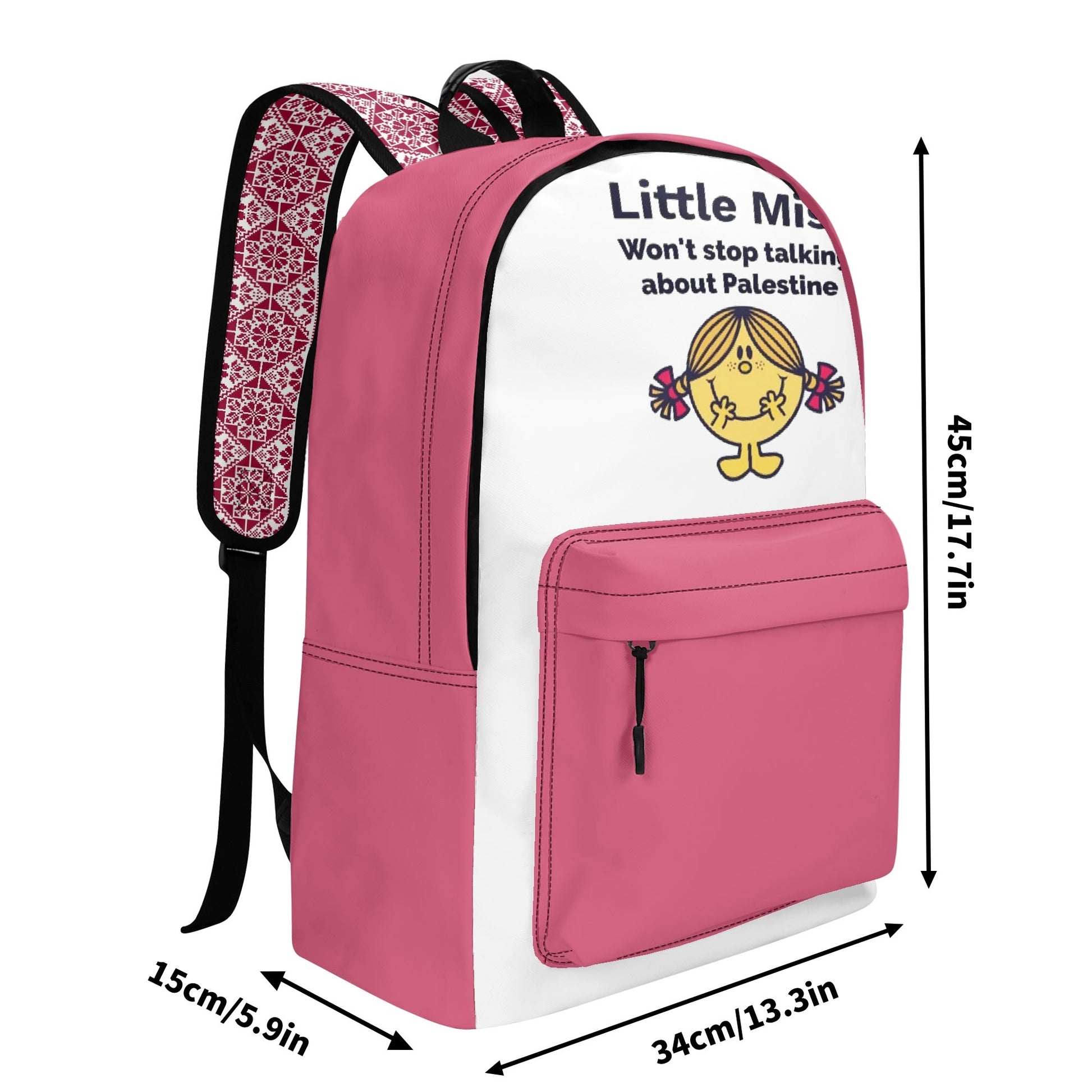 Pink and White Package with "Little Miss Free Palestine" and Tatreez print shoulder straps