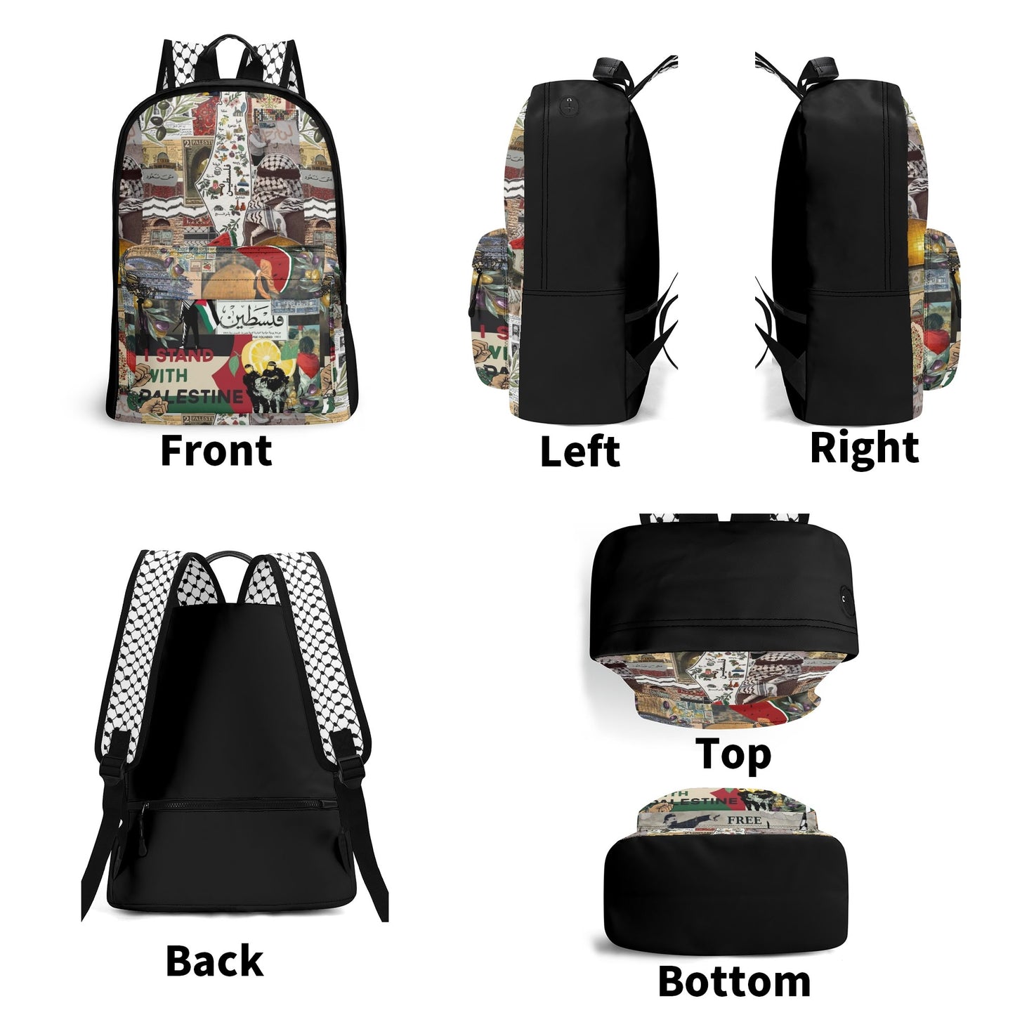 A backpack with Palestinian Collage of motifs related to Tatreez Kuffiyeh including the Palestinian Map and "I Stand With Palestine"