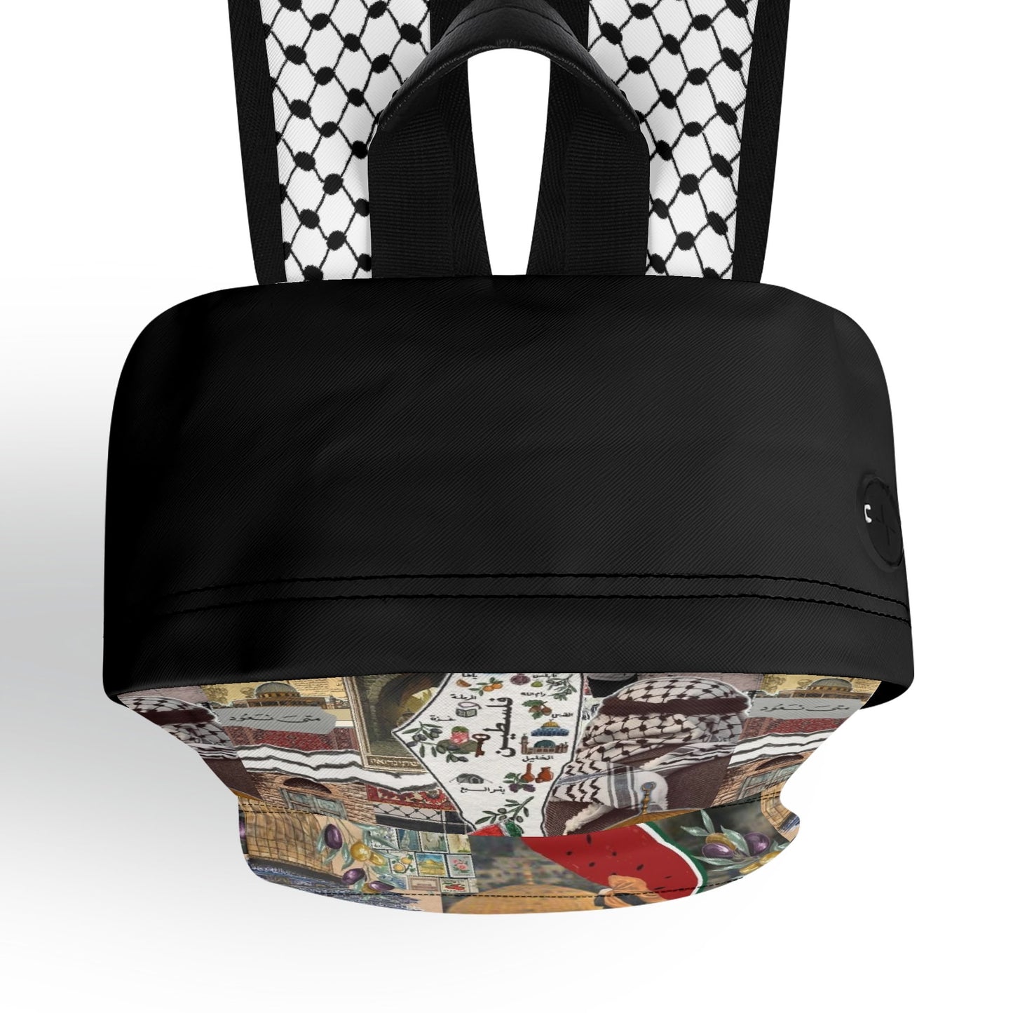 A backpack with Palestinian Collage of motifs related to Tatreez Kuffiyeh including the Palestinian Map and "I Stand With Palestine"
