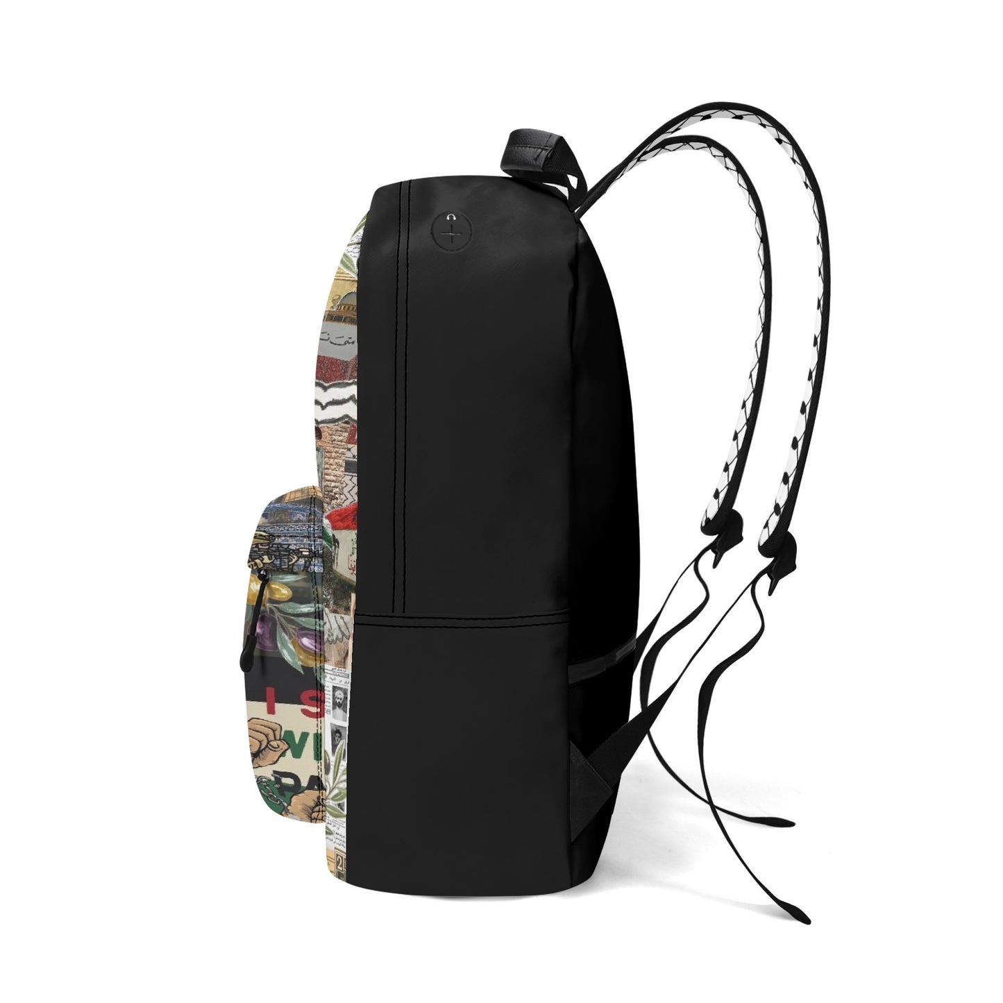A backpack with Palestinian Collage of motifs related to Tatreez Kuffiyeh including the Palestinian Map and "I Stand With Palestine"