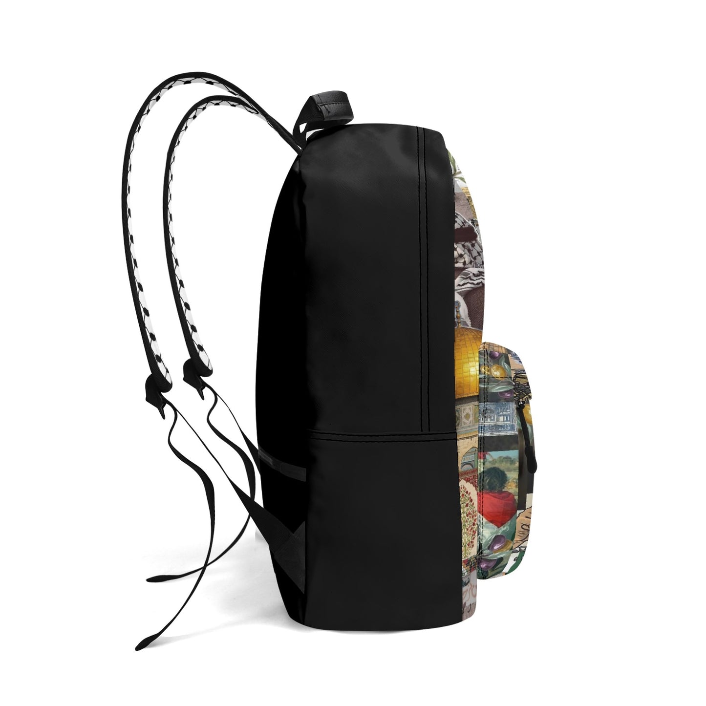 A backpack with Palestinian Collage of motifs related to Tatreez Kuffiyeh including the Palestinian Map and "I Stand With Palestine"
