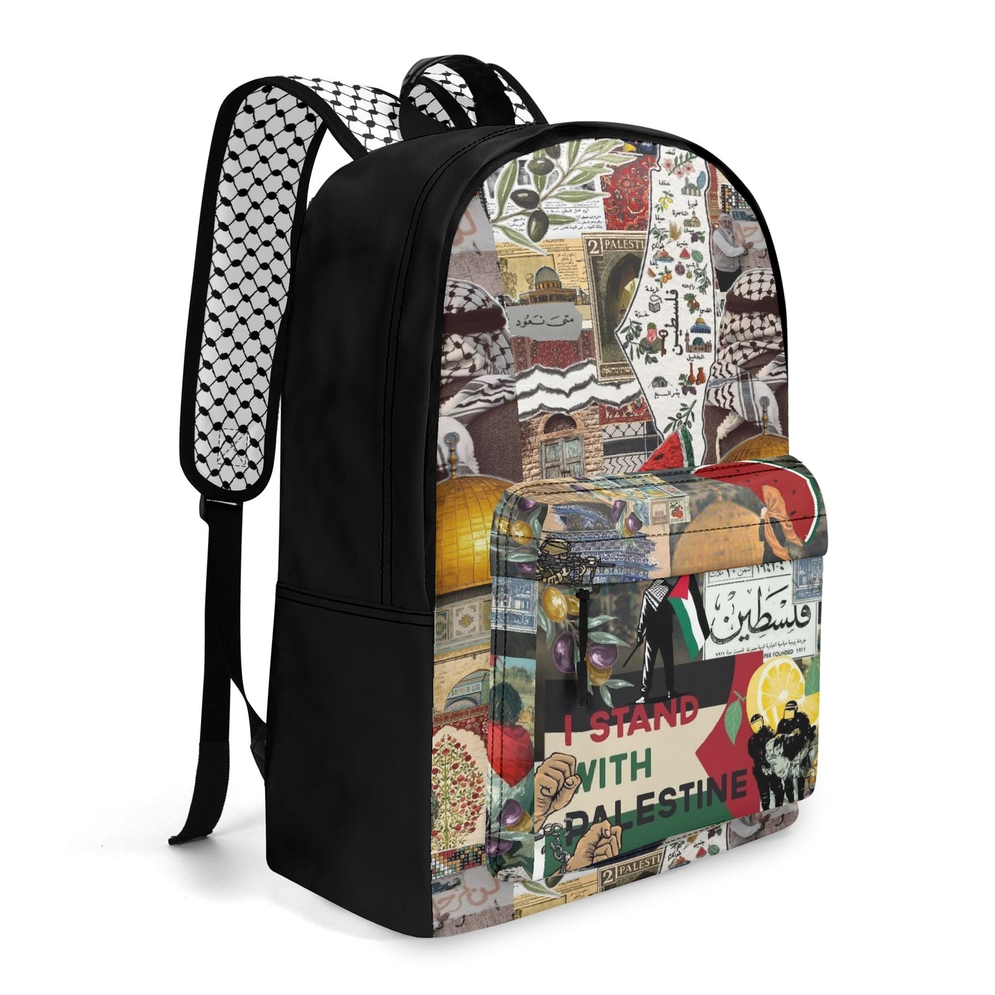 A backpack with Palestinian Collage of motifs related to Tatreez Kuffiyeh including the Palestinian Map and "I Stand With Palestine"