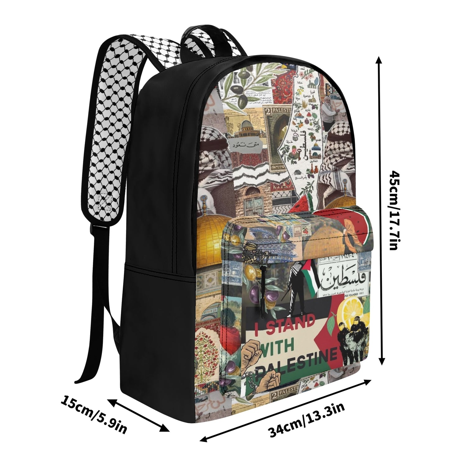A backpack with Palestinian Collage of motifs related to Tatreez Kuffiyeh including the Palestinian Map and "I Stand With Palestine"