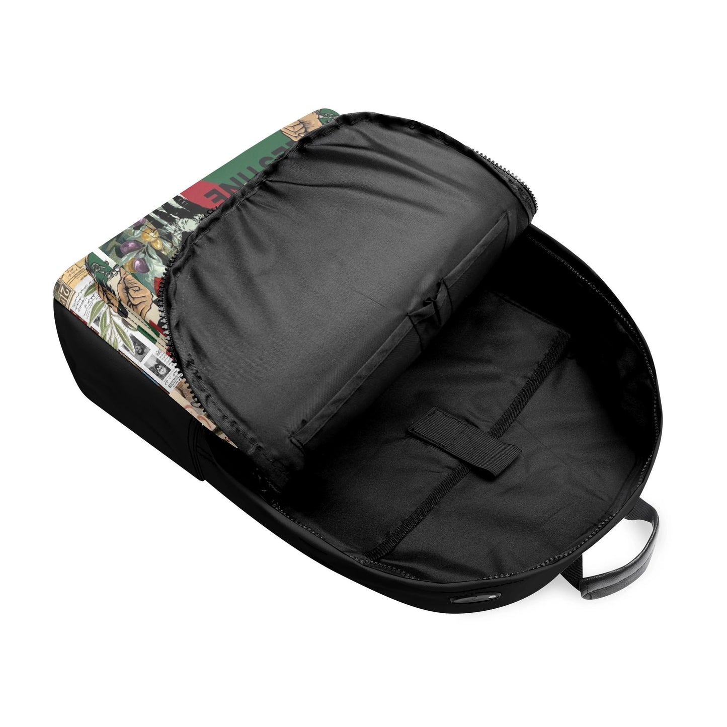 A backpack with Palestinian Collage of motifs related to Tatreez Kuffiyeh including the Palestinian Map and "I Stand With Palestine"