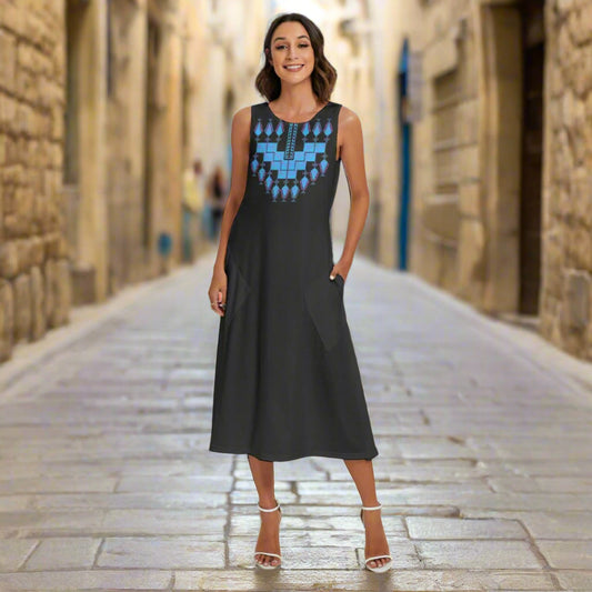 Palestinian Blue Tatreez Print Women's Sleeveless Dress With Diagonal Pocket