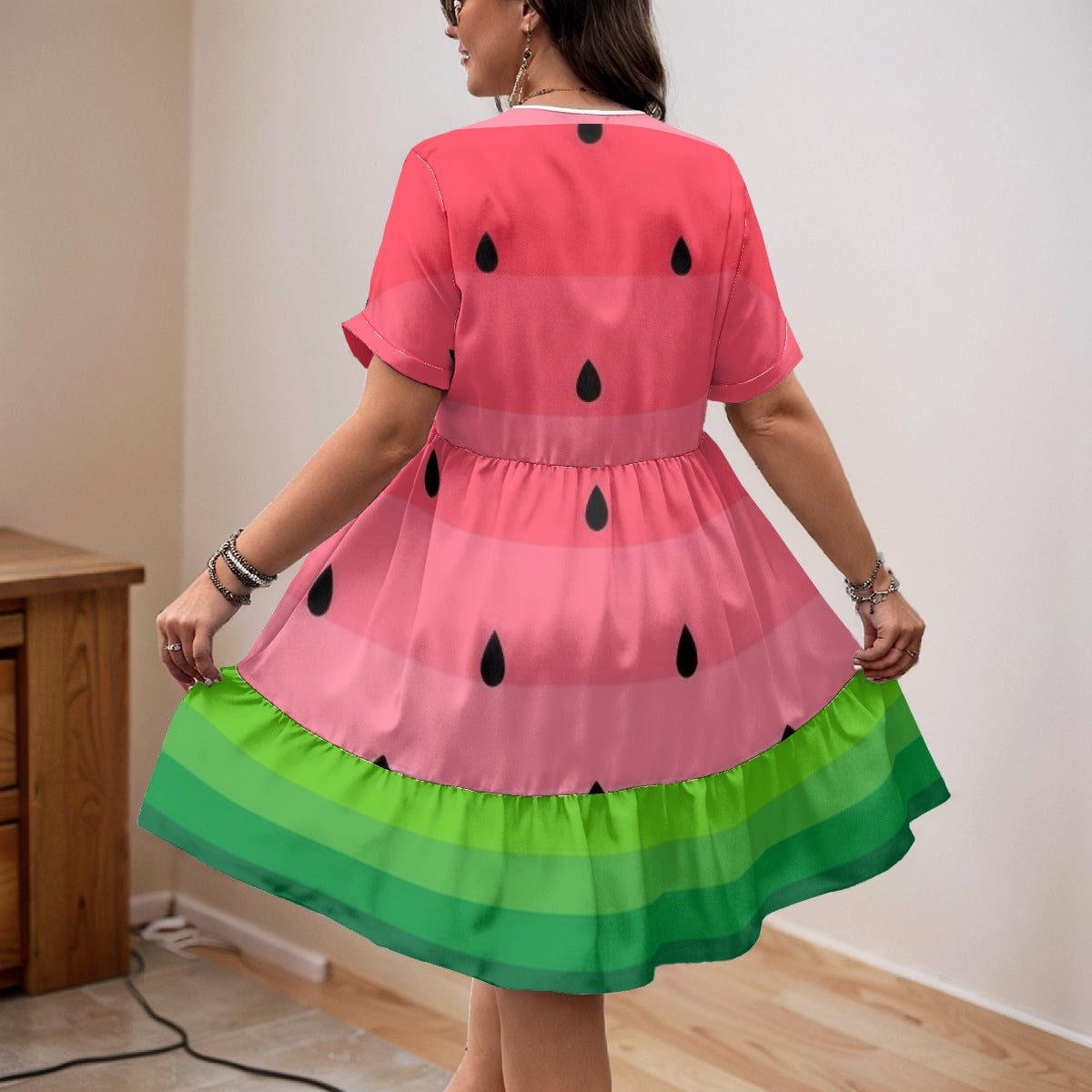 Watermelon All-Over Print Women’s Floral V-Neck Short Sleeve Dress