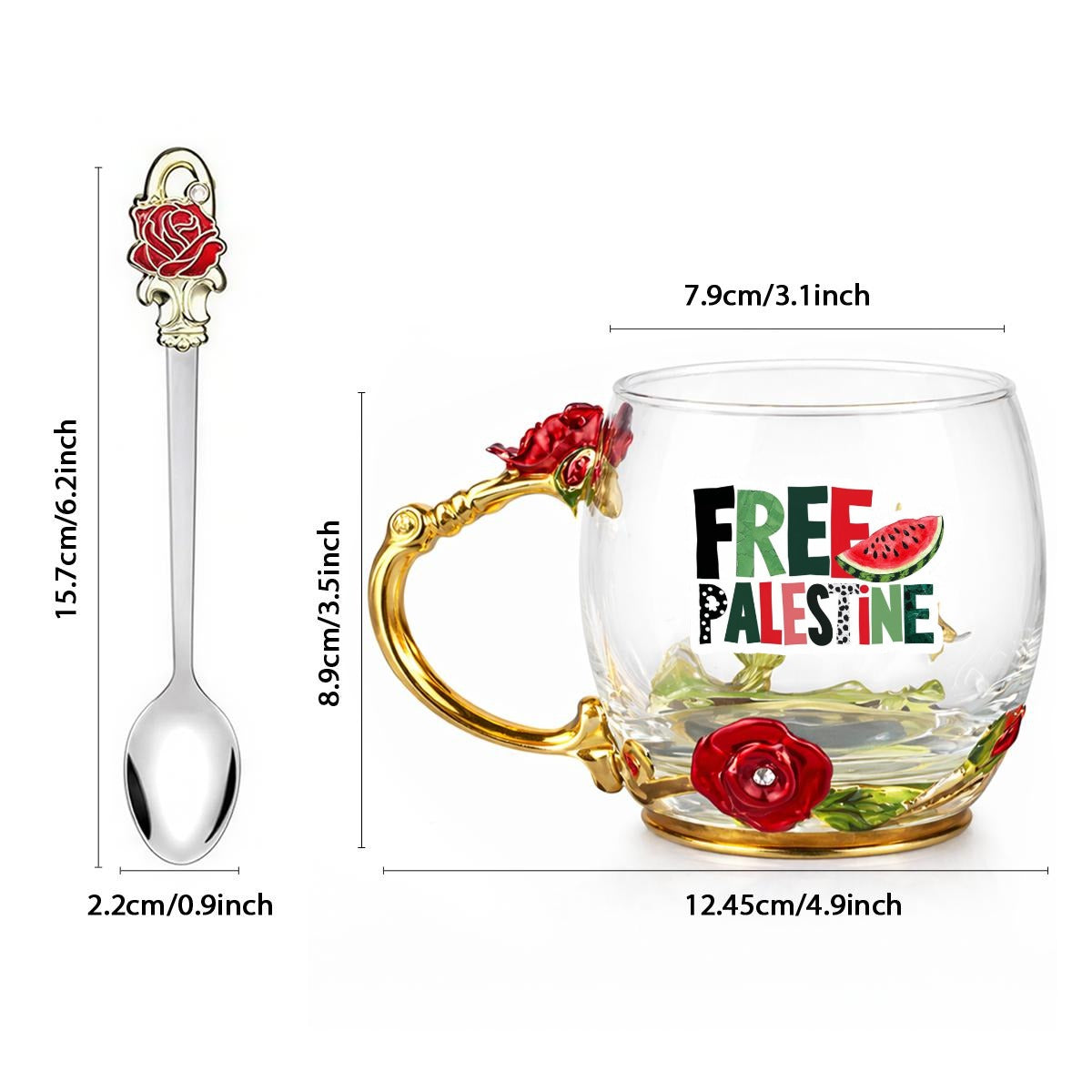 Free Palestine 12OZ Enamel Floral Glass Mug With Spoon
