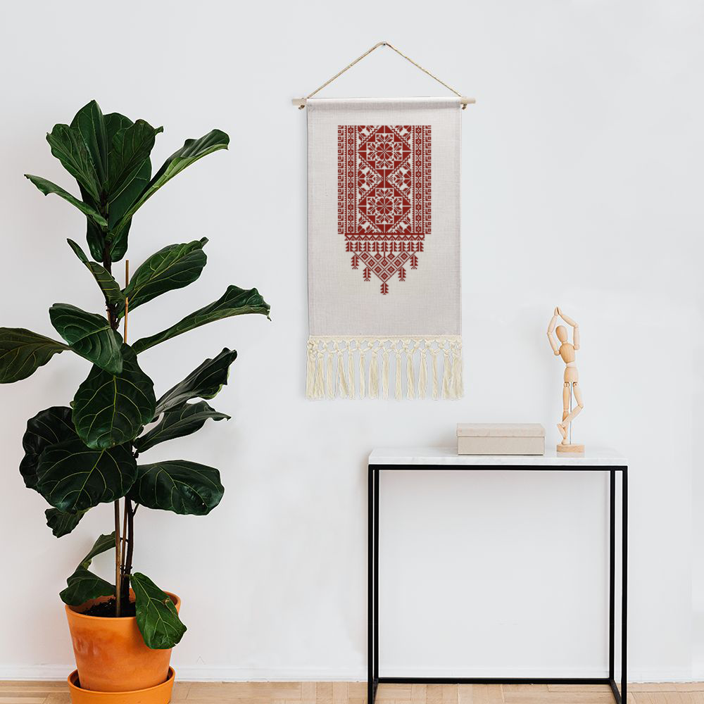 Tatreez Print Linen Tapestry with Tassel Cotton Linen Wall Hanging -