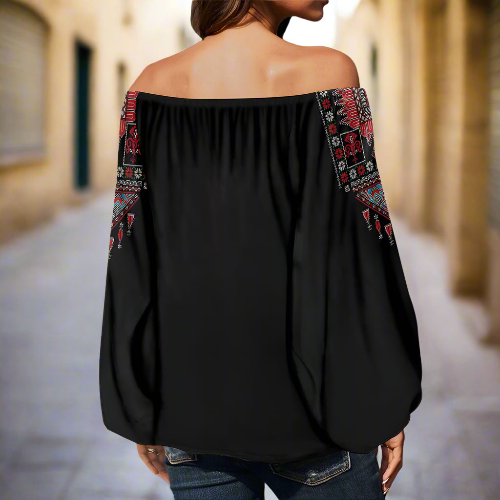 Palestinian Tatreez Off-shouldered chiffon blouse