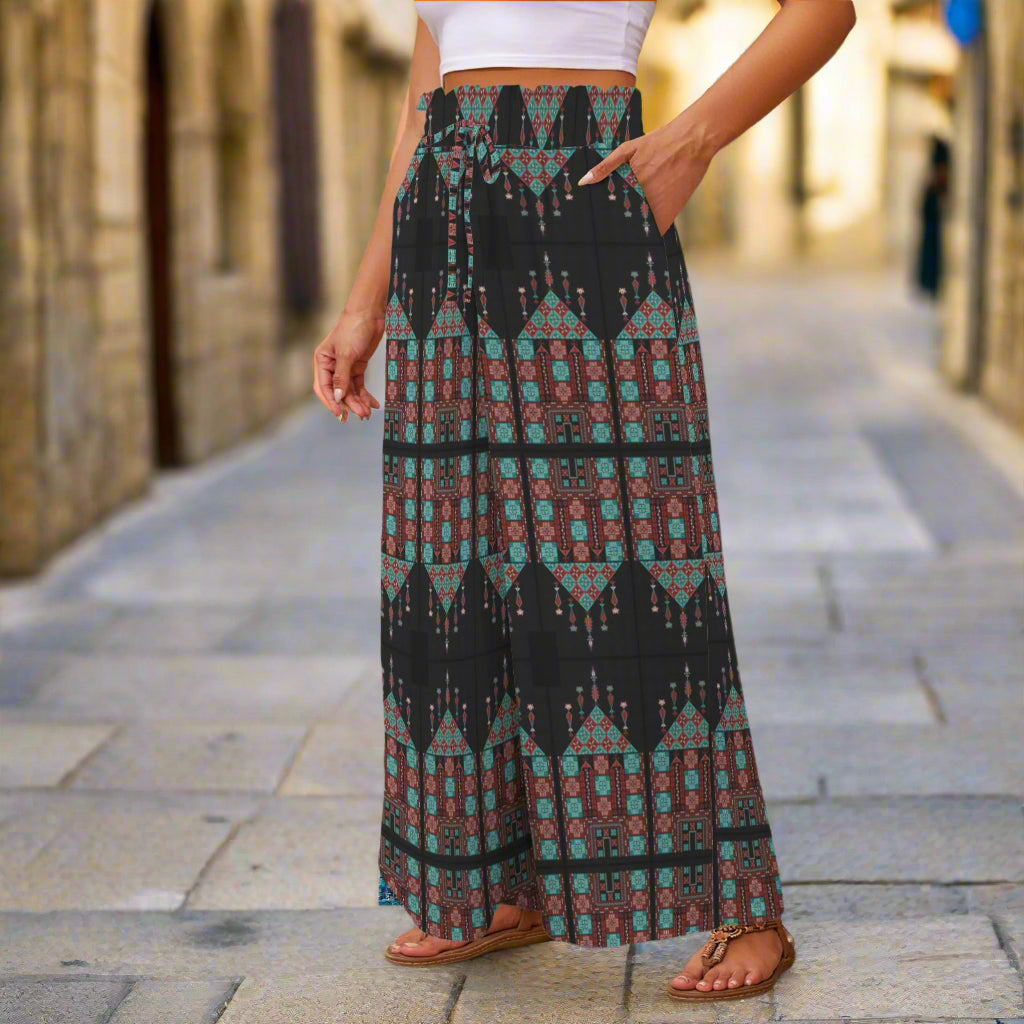 Palestinian Tatreez Print Wide Leg Pants