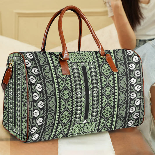 Palestinian Green Print Tatreez Travel Bag (Brown Short Patch) (Model 1737) for traveling.