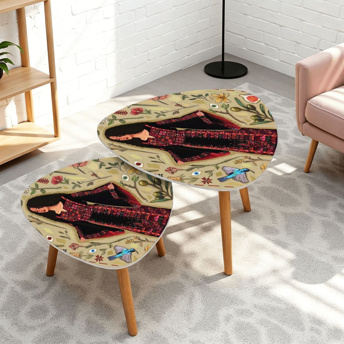 Palestinian Woman with Thoube Triangle Coffee Table Set of 2