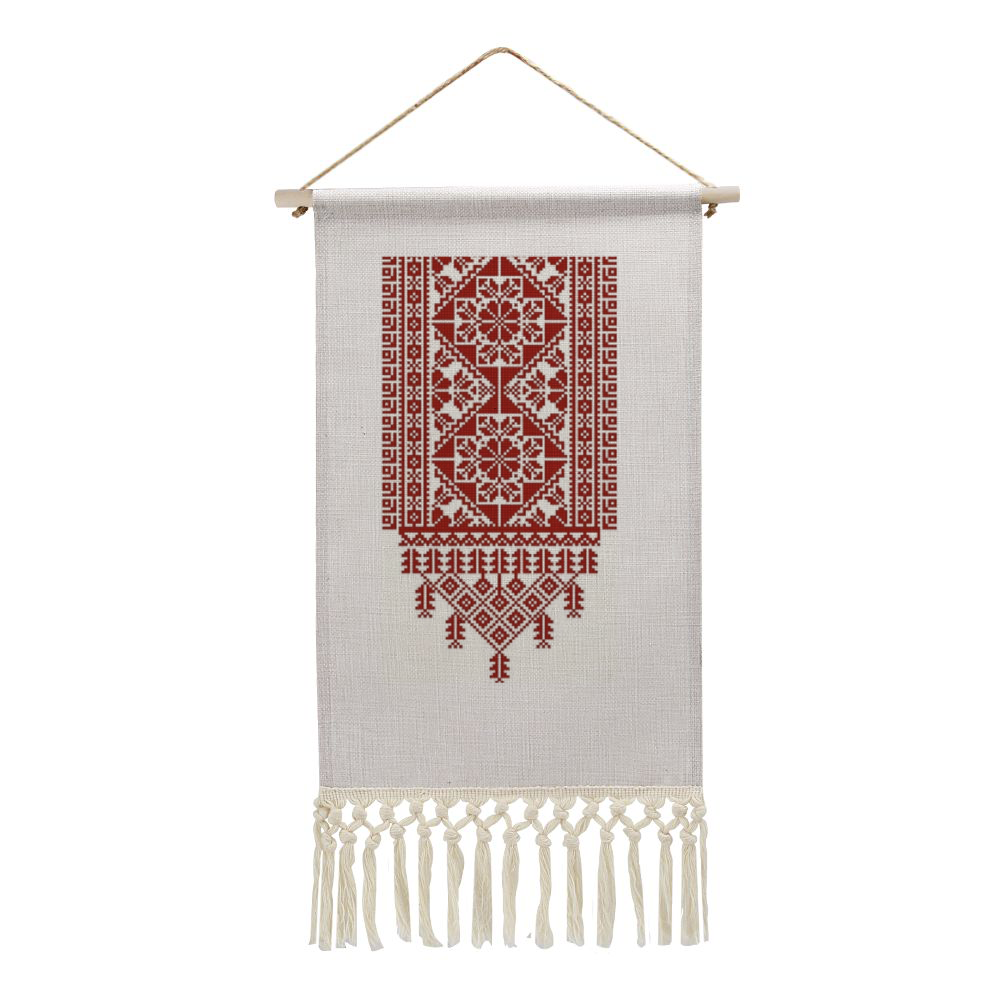 Tatreez Print Linen Tapestry with Tassel Cotton Linen Wall Hanging -