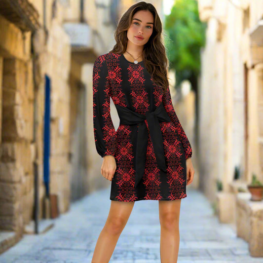Gaza Tatreez Print Waist Long Sleeve Tie Dress