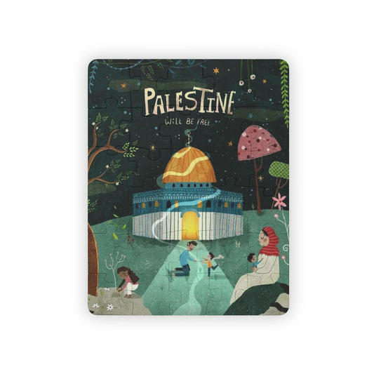 This is a Palestinian puzzle for kids for Palestine that says "Palestine will be free". It has a picture of Dome of the Rock.