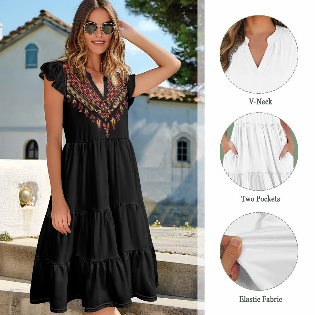 Palestinian tatreez print Women's V-neck pocket waist patchwork dress