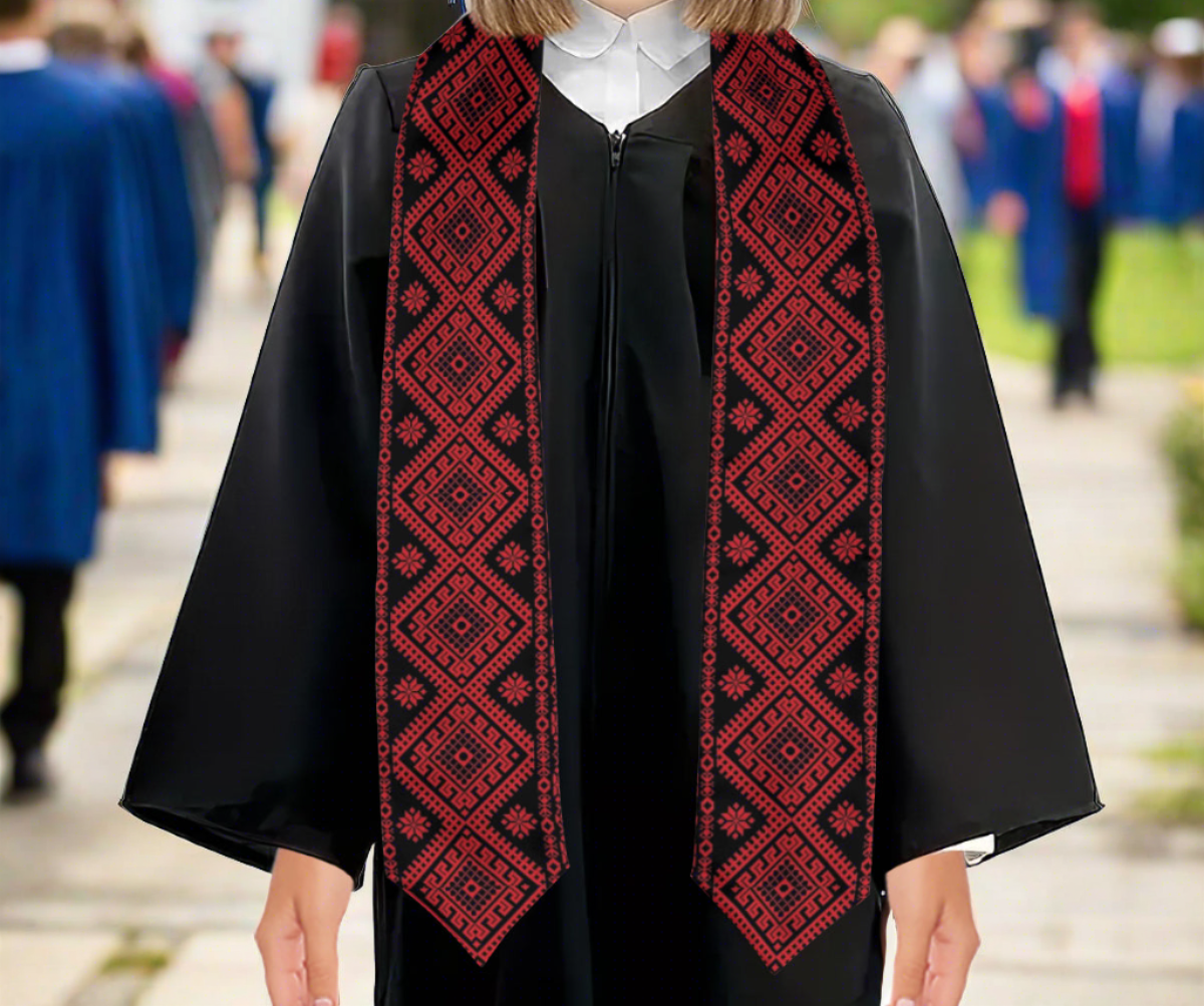 Palestinian Tatreez Print Graduation Stole, Red