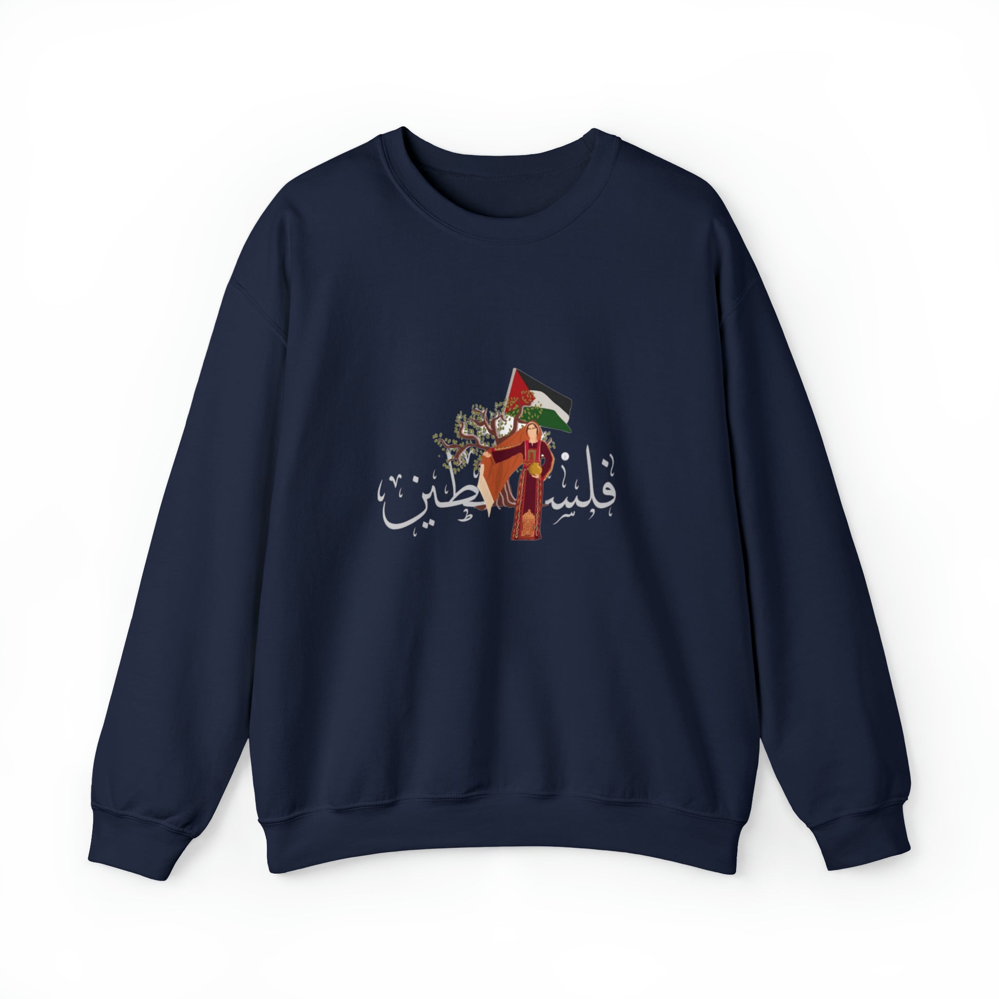 Palestinian Cotton Hoodie with Palestine written in Arabic "فلسطين " Filisteen of a woman holding a palestinian flag and wearing a palestinian thoub near an olive tree