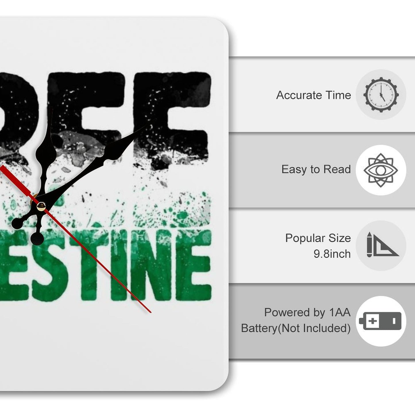 Free Palestine Square Wall Clock without Numbers (Made in USA)