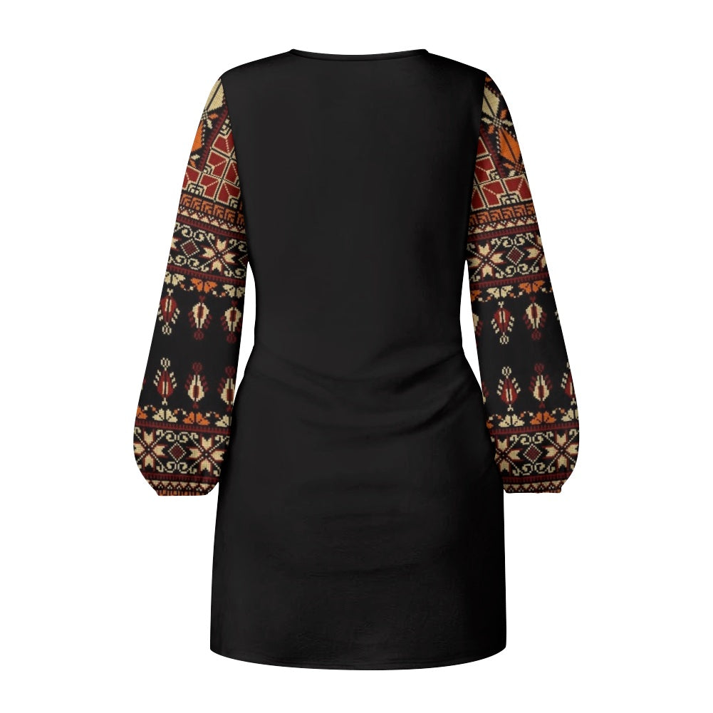Palestinian Tatreez Print Waist Long Sleeve Tie Dress