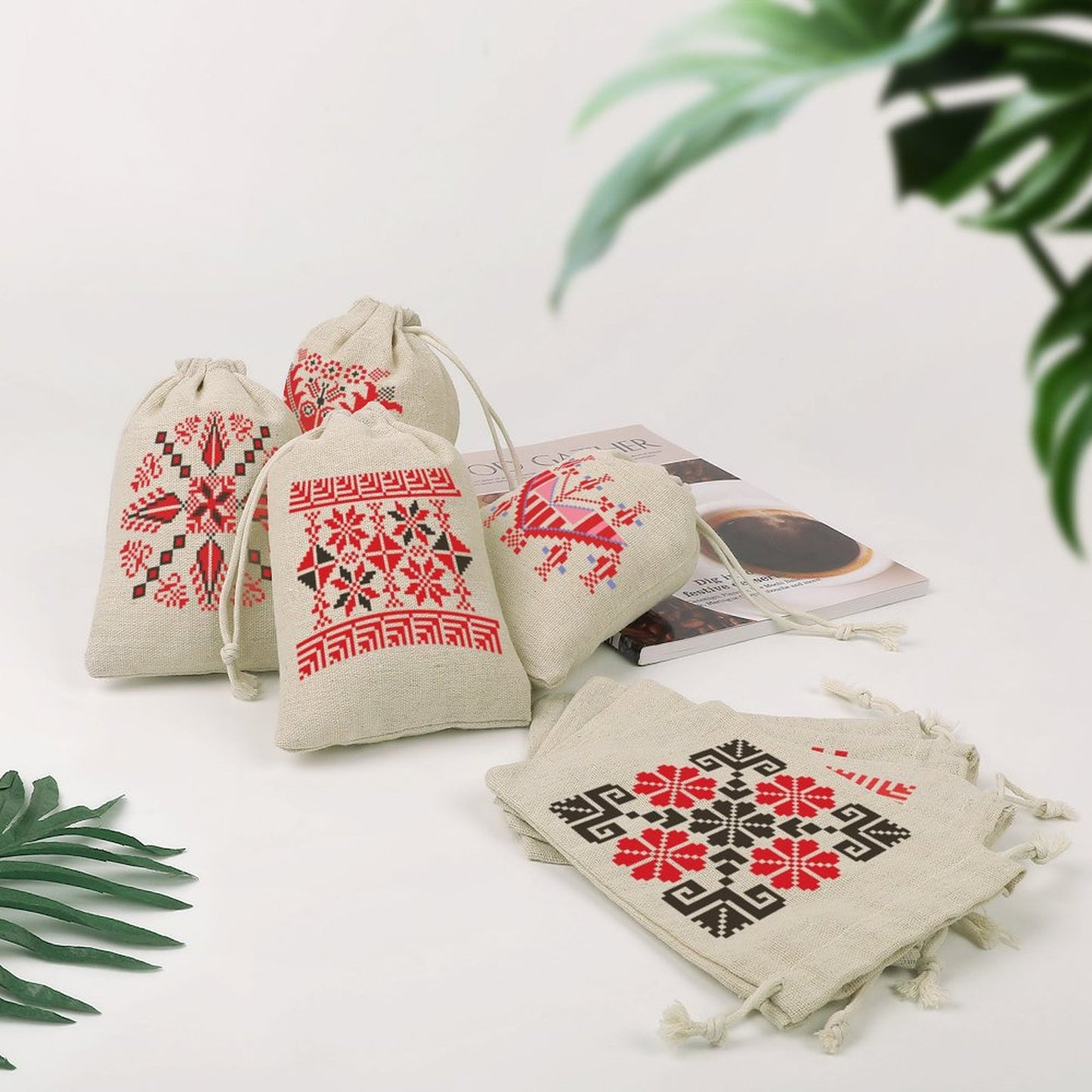 Tatreez Print Design Small Cotton Linen Henna Drawstring Bags (8 Pcs)