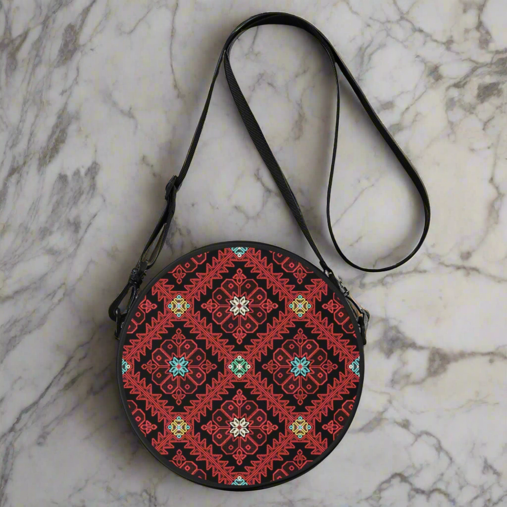 Round Satchel Bags, Palestinian Realistic print, cross stitch, pattern