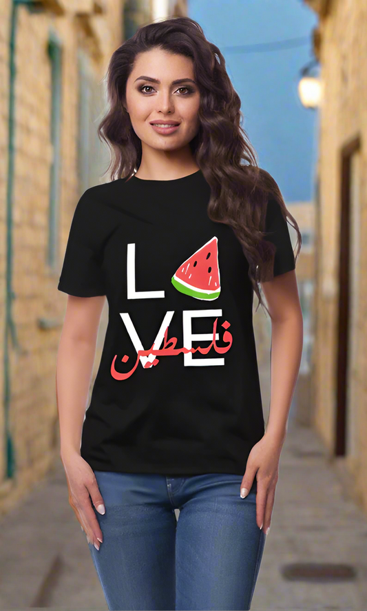 Love Palestine cotton black T-shirt (2D front and back)