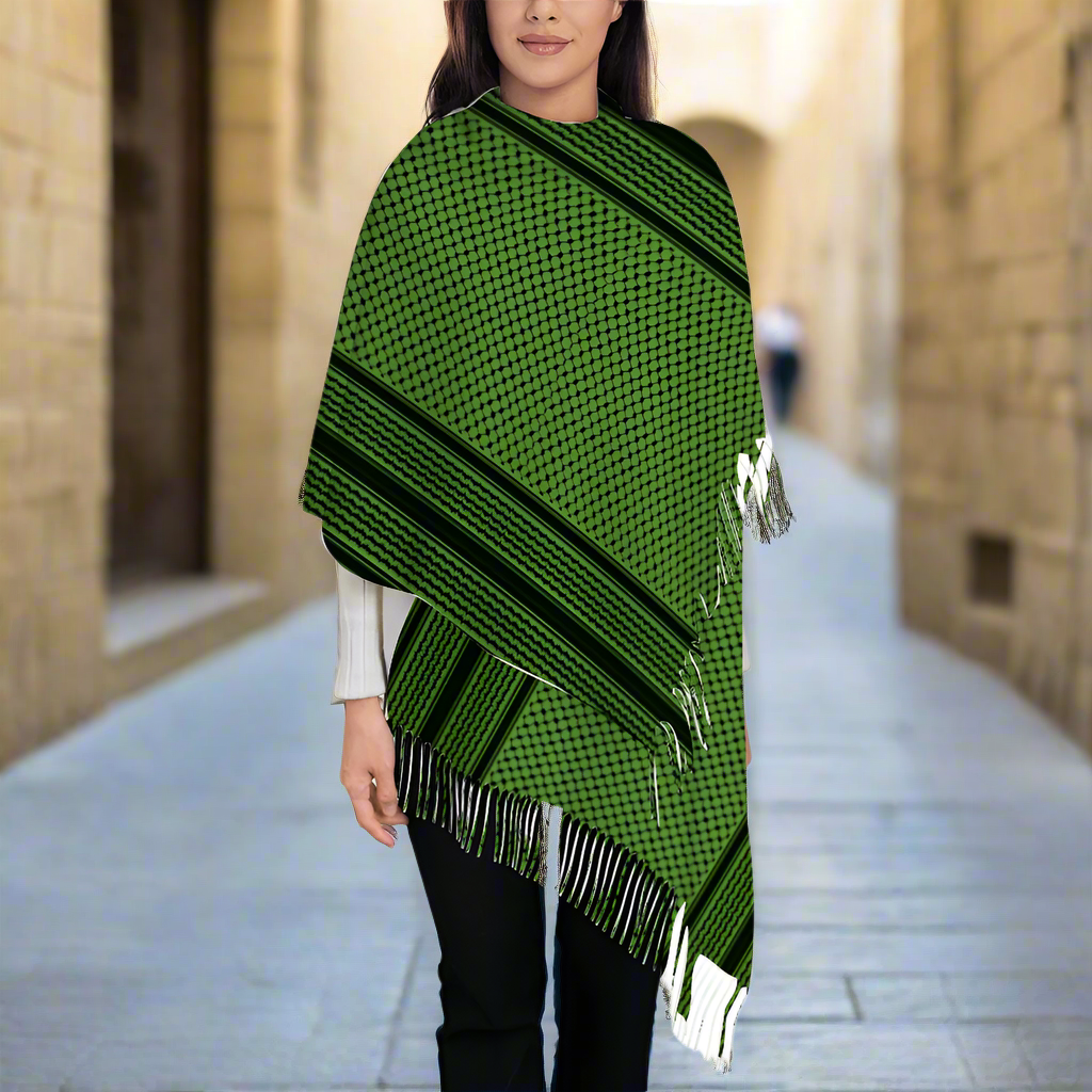 A Woman Wearing a Green Kuffiyeh Long Scarf with tassels