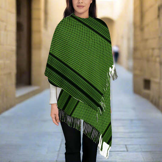A Woman Wearing a Green Kuffiyeh Long Scarf with tassels