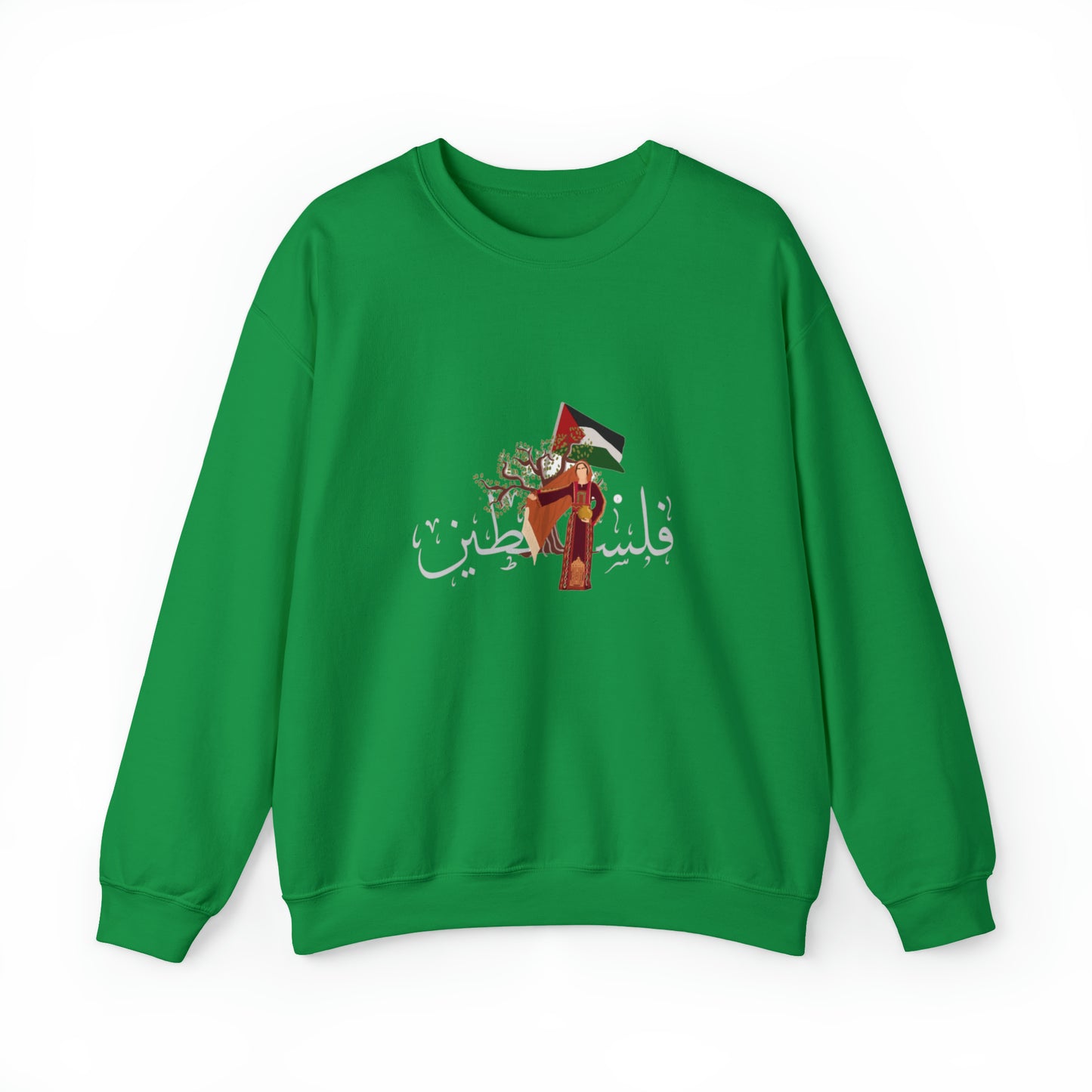 Green Palestinian Cotton Hoodie with Palestine written in Arabic "فلسطين " Filisteen of a woman holding a palestinian flag and wearing a palestinian thoub near an olive tree