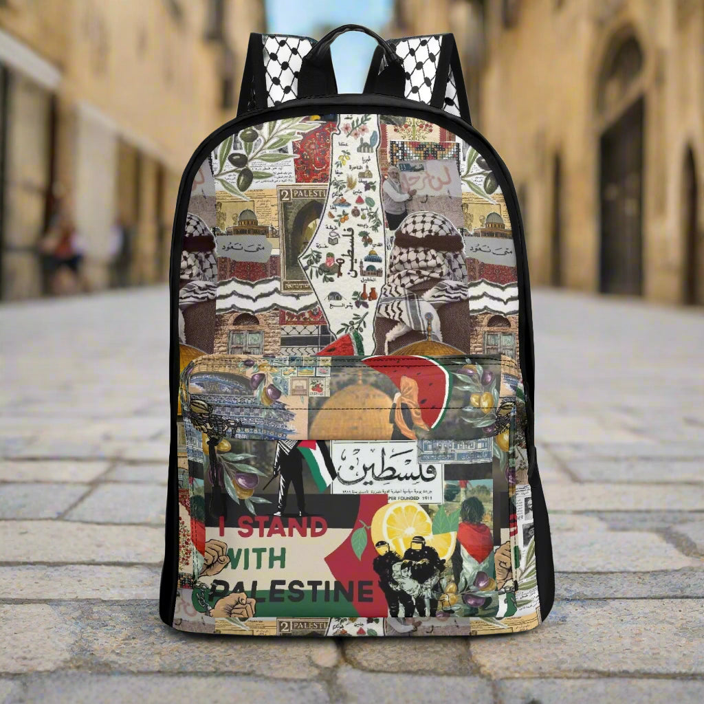 A Palestinian Collage of motifs related to Tatreez Kuffiyeh on a Backpack including the Palestinian Map and "I Stand With Palestine"
