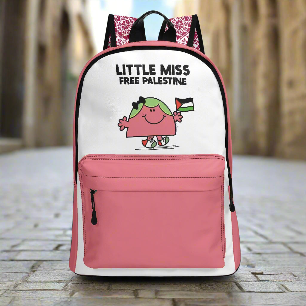Pink and White Package with "Little Miss Free Palestine" and Tatreez print shoulder straps