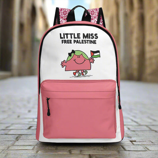 Pink and White Package with "Little Miss Free Palestine" and Tatreez print shoulder straps