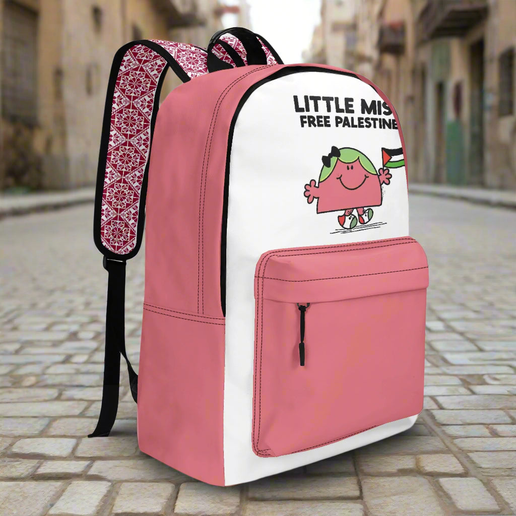 Pink and White Package with "Little Miss Free Palestine" and Tatreez print shoulder straps