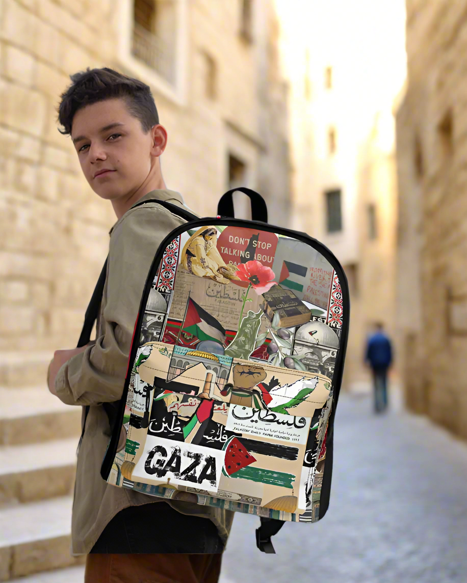 Boy in the streets of Jerusalem wearing a Palesitnian Backpack with Gaza and Palestinian Flag
