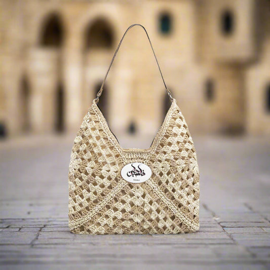 Palestinian Crochet beach bag with Palestine inscription in Arabic