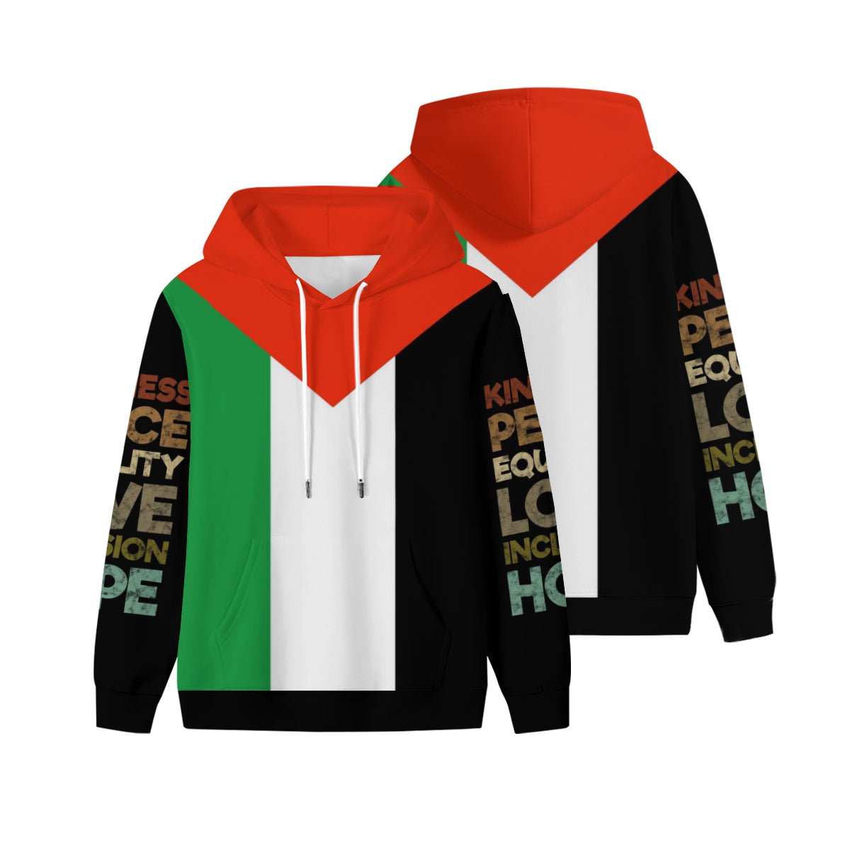 Palestinian Flag Hoodie with Words of Peace, Love, Hope, Equality, Inclusion on sleeves