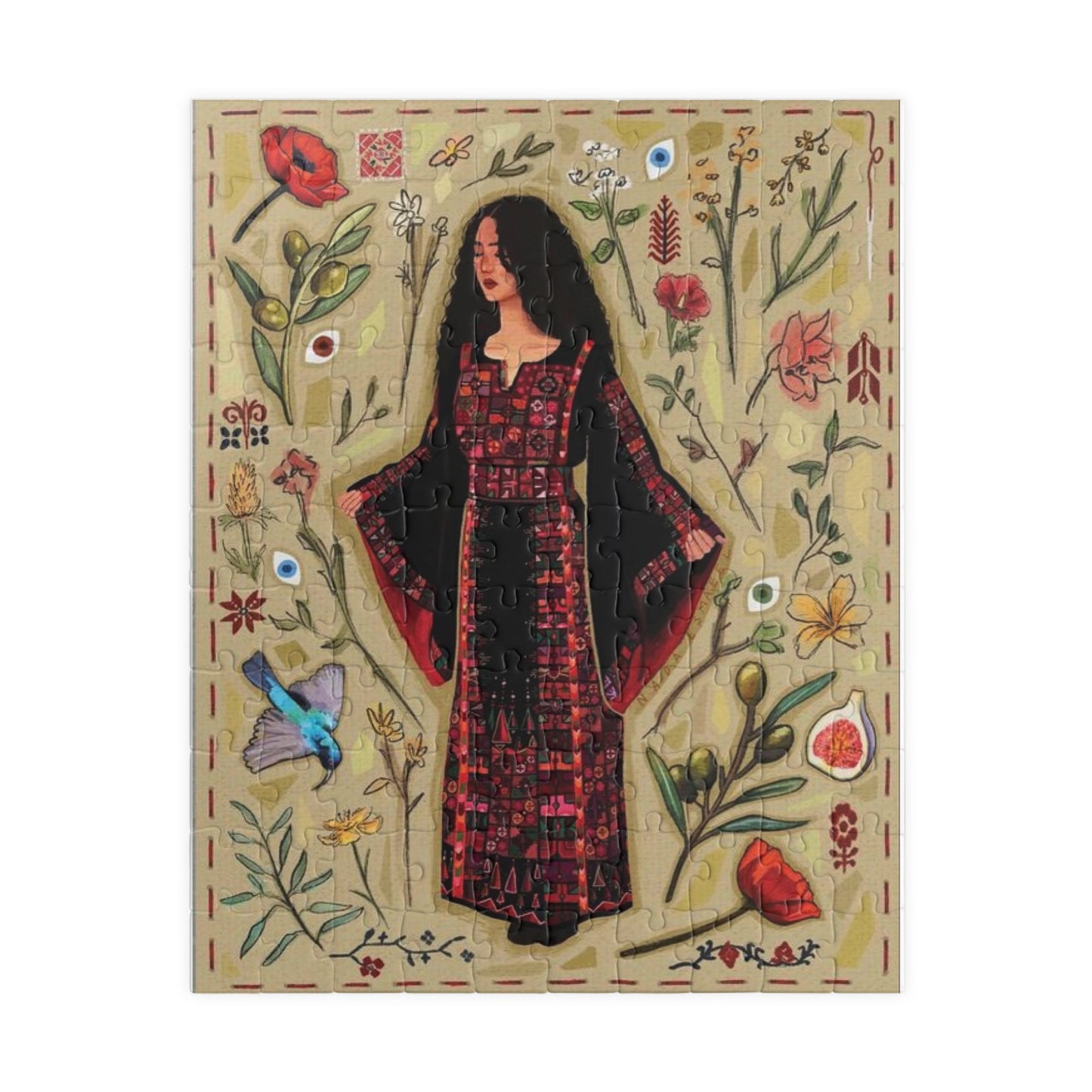 This is a puzzle of a Woman wearing a palestinian thoub surrounded by Palestinian poppies
