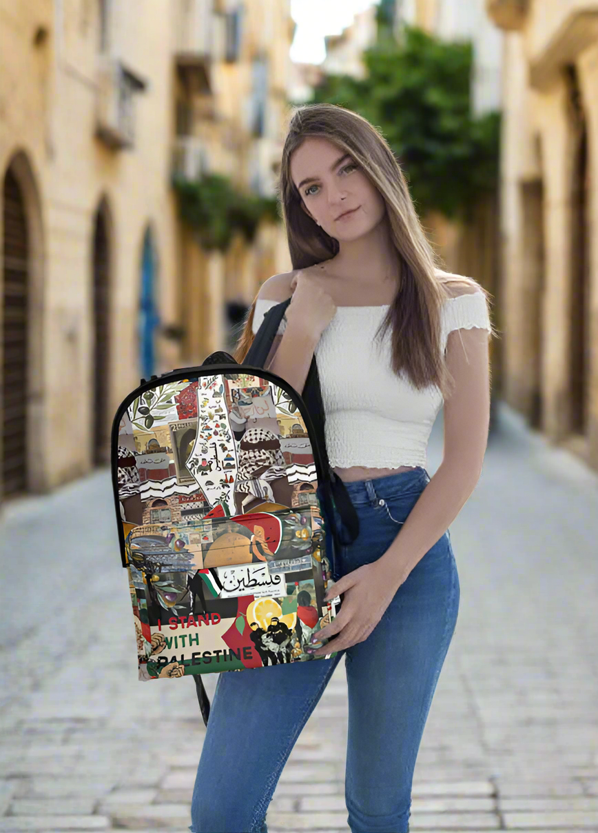 Woman wearing a Palestinian Collage of motifs related to Tatreez Kuffiyeh on her Backpack including the Palestinian Map and "I Stand With Palestine"