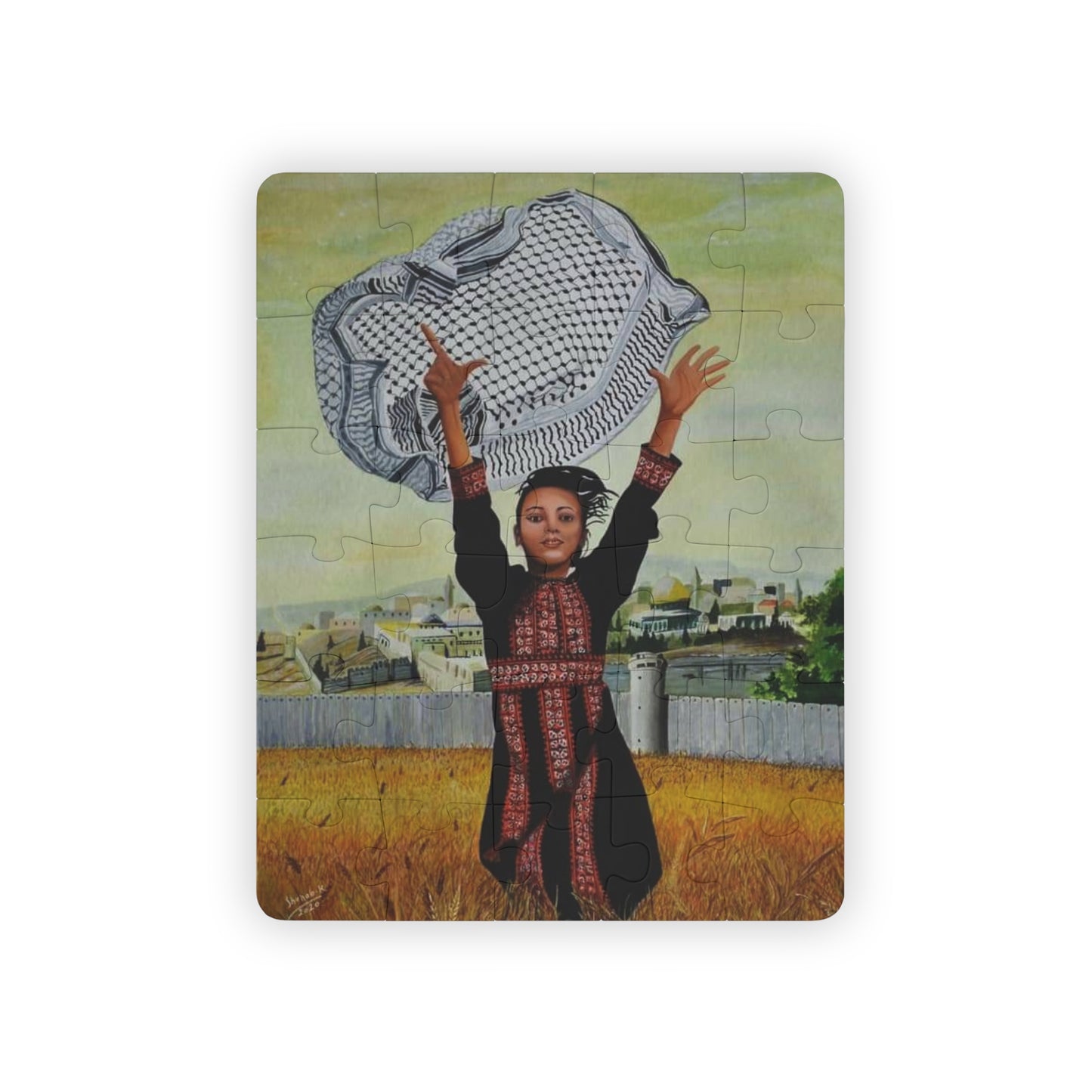 This is a Palestinian puzzle for kids with a picture of a girl with a kuffiyeh