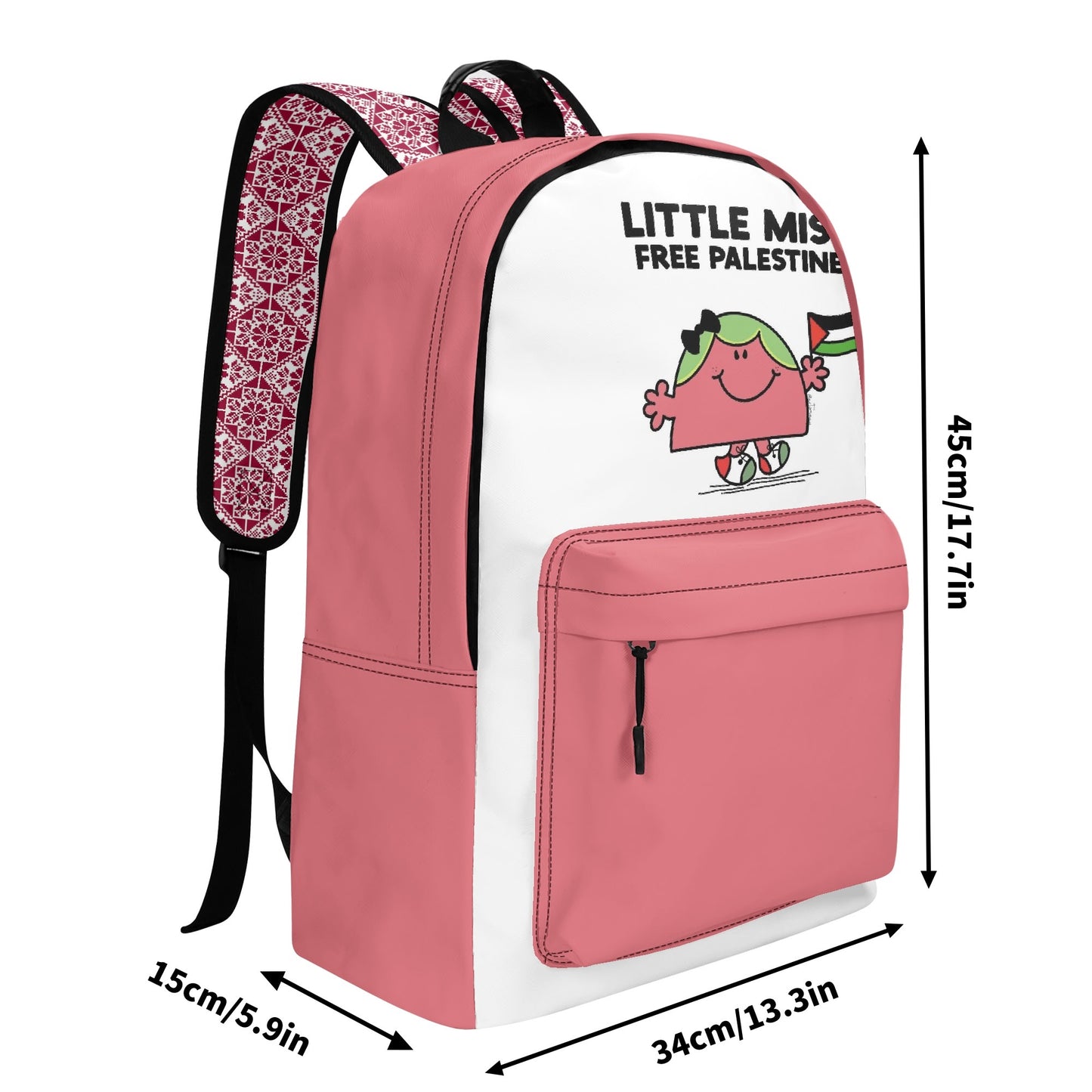 Pink and White Package with "Little Miss Free Palestine" and Tatreez print shoulder straps