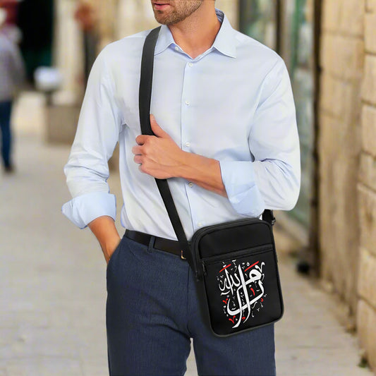 Man wearing a ramallah arabic calligraphy messenger bag