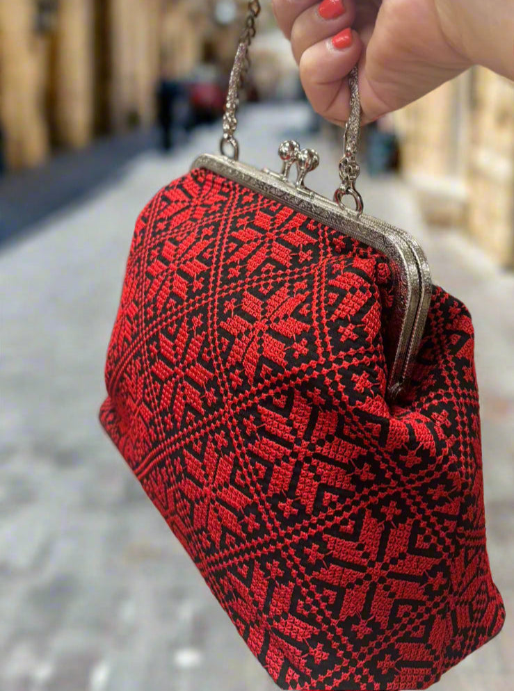 Red and black tatreez embroidered patterned handbag