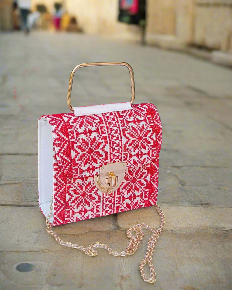 Decorative Embroidered tatreez red handbag with geometric pattern in jerusalem palestine