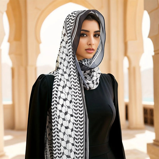 Muslim Hijab woman wearing the kuffiyeh head dress over her hair